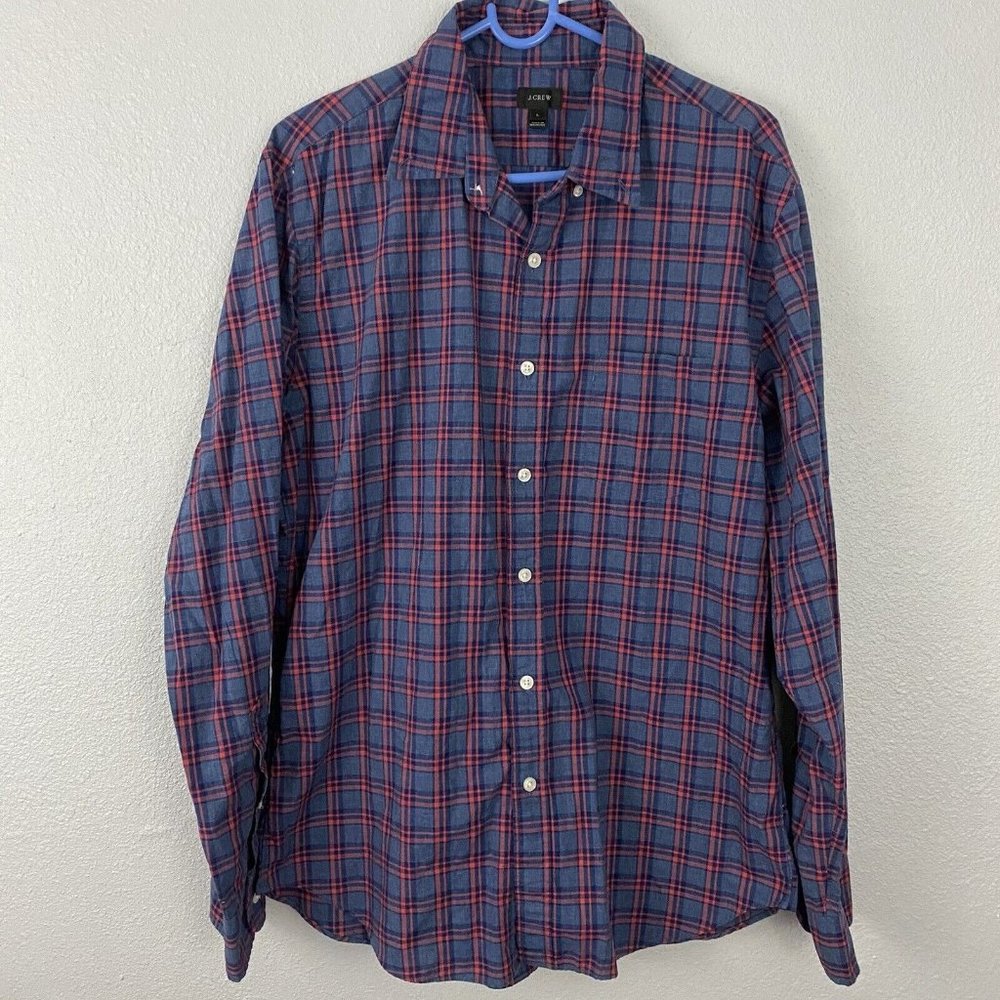 J Crew Cotton Shirt Button Down Casual Plaid Red & Blue Men Sz Large
